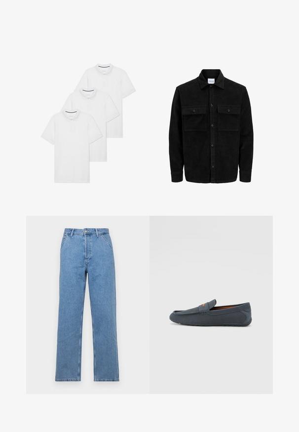 Svart kordfløyels knappjakke med to frontlommer med klaff og klassisk krage, lange ermer og ribbet tekstur.; Tre enkle hvite polo skjorter med krage, korte ermer, knappestolpe og en liten marineblå aksent inni kragen.; Lyseblå denim rettslit jeans med klassisk fem-lomme design, med knappstenging foran og beltesløyfer. Glatt tekstur.; Grå perforerte loafers med slip-on design, med oransje detaljer, rund tå og teksturert gummisåle.
