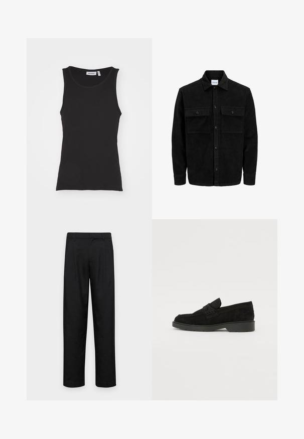 Crni kožni kord jakna na dugmad s dva prednja džepa s preklopom i klasičnim ovratnikom, dugim rukavima i rebrastom teksturom.; Crna bezrukava majica od pamuka, s okruglim izrezom, rebrastom teksturom i ravnim rubom. Oznaka glasi "WEEKDAY."; Crne hlače od glatkog materijala, s dizajnom ravnih nogavica, dva prednja nabora i standardnim pojasom s petljama za remen.; Crne samočiste čizme od nubuka s niskim potpeticama, s jednostavnom trakom na gornjem dijelu i teksturiranim detaljima uz bočne strane.