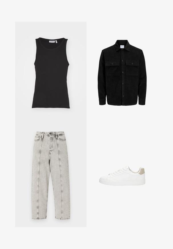 Giacca in corduroy nera con bottoni, due tasche anteriori con patta, colletto classico, maniche lunghe e texture a coste.; Canotta nera senza maniche in cotone, con collo rotondo, texture a costine e orlo dritto. L'etichetta riporta "WEEKDAY."; Jeans grigi alti in vita con vestibilità ampia, caratterizzati da un design a gamba dritta, cuciture visibili e texture distressata.; Sneakers bianchi con tomaia in pelle liscia e punta rotonda. Presentano un cappuccio sul tallone in suede beige, lacci piatti e una suola in gomma bianca.