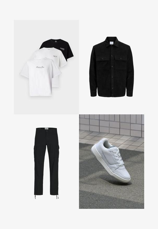 Mustmustöös nupuga jope, millel on kaks eesmist klapiga taskut ja klassikaline kaelus, pikad varrukad ning ribakujuline tekstuur.; Kolm T-särki pakis: üks must, kaks valget. Lühikesed varrukad, ümmargune kaelus, rinnal kontrastsete värvidega teksti graafika. Puuvillane materjal.; Mustad mustad püksid sirge lõikega, külje taskutega, nööbiga kinni ja elastsete paeltega pahkluudes. Valmistatud vastupidavast kangast.; Valge nahkne toss, millel on perforeeritud külgedega, tekstuuriga aktsendid, lame pael ja kontrastne hall konts. Omab veidi tõstetud tallat.