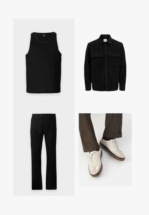 Črna kordurojska jakna z gumbi, z dvema sprednjima žepoma z zavihkom in klasičnim ovratnikom, dolgimi rokavi ter rebrasto teksturo.; Črna rebrasta majica brez rokavov s širokimi izreza in zaobljenim ovratnikom. Ima gladko teksturo tkanine in diskretno logo na sprednji strani.; Črne naravnost krojene jeans hlače iz denima, z zapiranjem na gumb spredaj, dvema stranskima žepoma in gladko teksturo.; Bež teniske z teksturiranim prednjim delom iz usnja, gladkimi kožnimi stranicami in rjavo gumijasto podplatom. Vključene vezalke in svetla šivana detajla.