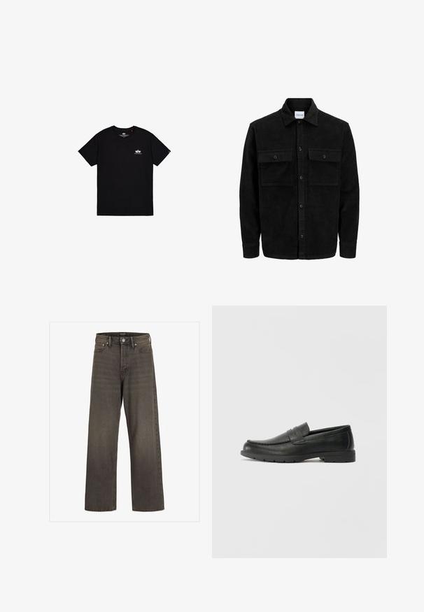 Melnas kordūru pogu jaka ar divām priekšējām atloka kabatām un klasisku apkakli, garām piedurknēm un ribotu tekstūru.; Melnas īsām piedurknēm t-krekls, kas izgatavots no kokvilnas. Uz kreisā krūšu daļas ir neliels balts logo un sānu šuvē ir uzģērbuma etikete. Vienkāršs dizains.; Platas kājas džinsi tumši pelēkā denima, ar augstu jostasvietu, klasisku piecu kabatu dizainu un kontrastējošām šuvēm.; Melnas ādas loafers ar gludu apdari, mokasīnu stila augšdaļu, šūtu detalizāciju un gumijas zoli. Klasisks dizains ar zemu papēdi.