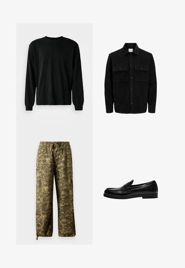 Sort fløjl button-up jakke med to frontlommer og klassisk krave, lange ærmer og ribbet tekstur.; Sort langærmet skjorte lavet af bomuld, med rund hals, afslappet pasform og tætsiddende manchetter, med en glat tekstur og uden synlige mønstre.; Cargobukser i camouflagemønster, med snor i taljen, brede ben og sidelommer lavet af et tekstureret, slidstærkt stof.; Sorte læder loafers med en glat overflade, der har en syning detalje på vampen og en lav, solid sort gummisål.