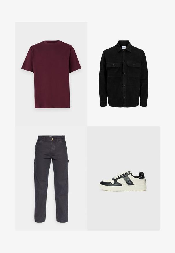 Czarna kurtka z korduru z guzikami, z dwoma przednimi kieszeniami na klapki oraz klasycznym kołnierzem, długimi rękawami i ryżowym splotem.; Burgundowa bawełniana koszulka z krótkim rękawem, okrągłym dekoltem i gładką teksturą. Prostym wzór bez nadruków czy dodatkowych detali.; Ciemnoszare spodnie cargo wykonane z trwałej tkaniny, z prostymi nogawkami, pięcioma kieszeniami i zapięciem na guzik w talii.; Skórzane sneakersy w czarno-kremowym schemacie kolorystycznym, z perforowanymi akcentami, wyściełanym kołnierzem i teksturowaną podeszwą.