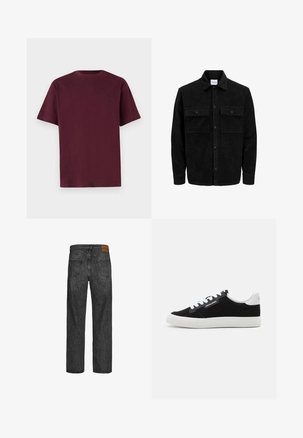 Mustat corduroy-nappi takki, jossa on kaksi etupistotaskua ja klassinen kaulus, pitkät hihat ja ribattu pinta.; Burgundin värinen puuvillapaita, jossa on lyhyet hihat, pyöreä kaula-aukko ja sileä rakenne. Yksinkertainen muotoilu ilman kuvioita tai lisätietoja.; Mustat farkut suoran lahje-muotoilulla, viiden taskun tyyli ja ruskea nahkapläntti vyötäröllä. Rakennekangas, jossa on ompeluyksityiskohtia.; Jack & Jones JFWMORDEN COMBO - Matalavartiset tennarit - anthracite