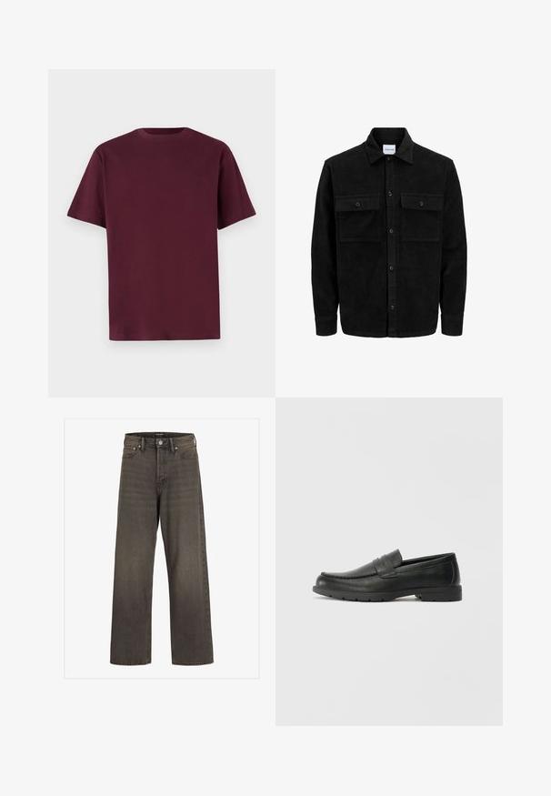 Jachetă din catifea neagră, cu butoni, două buzunare frontale cu clapetă și un guler clasic, mâneci lungi și textură ribbed.; Tricou din bumbac bordeaux cu mâneci scurte, guler rotund și o textură netedă. Design simplu, fără modele sau detalii suplimentare.; Blugi cu picioare largi din denim gri închis, cu talie înaltă, design clasic cu cinci buzunare și cusături contrastante pe cusături.; Labeled cu oglindă din piele neagră cu un finisaj neted, partea superioară în stil mocasin, detalii cusute și o talpă din cauciuc. Design clasic cu un toc jos.