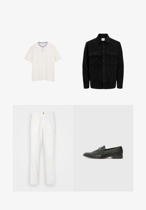 Giacca in corduroy nera con bottoni, due tasche anteriori con patta, colletto classico, maniche lunghe e texture a coste.; Camicia bianca a maniche corte con scollo rotondo, rifiniture blu e pattina con tre bottoni. Tessuto testurizzato con un sottile motivo orizzontale.; Pantaloni bianchi in tessuto con taglio dritto, dotati di due tasche frontali e chiusura con bottone. Texture liscia e design pulito.; Mocassino in pelle nera con finitura liscia, caratterizzato da un design cucito e da un accento decorativo in catena metallica sul vamp. Tacco piatto.