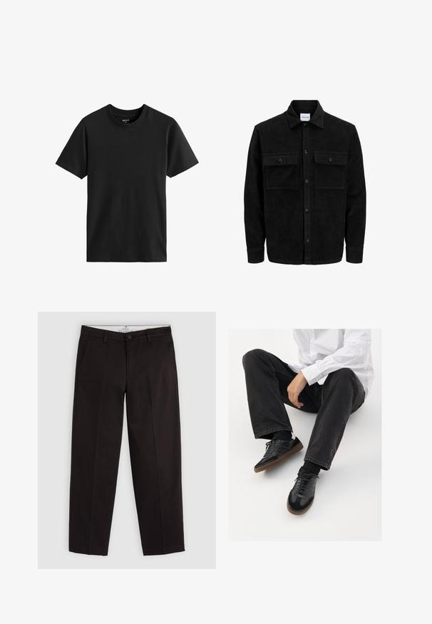 Schwarze Corduroy-Button-Up-Jacke mit zwei frontalem Klappentaschen und klassischem Kragen, langen Ärmeln und gerippter Textur.; Schwarzes kurzäufiges T-Shirt mit Rundhalsausschnitt aus Baumwolle. Glatte Textur mit geradem Schnitt, einfachem Design und ohne sichtbare Muster oder Akzente.; Schwarze Chinos mit geradem Bein, Gürtelschlaufen, Knopfverschluss und Seitentaschen, auf einem hellgrauen Hintergrund präsentiert.; Schwarze Sneakers mit einer glatten und strukturierten Oberfläche, ausgestattet mit einer Gummisohle und dunklen Schnürsenkeln. Kombiniert mit schwarzen Jeans und einem gestreiften weißen Hemd.