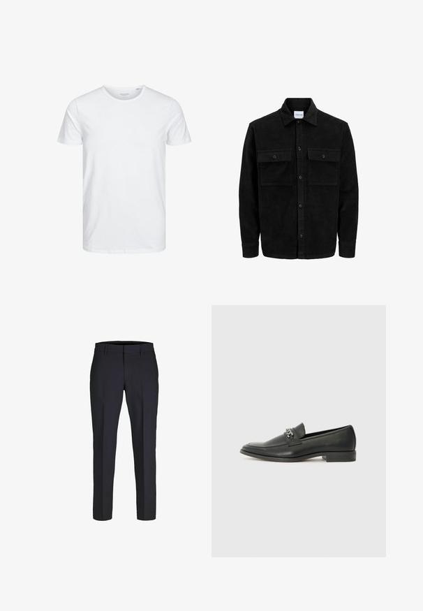 Jachetă din catifea neagră, cu butoni, două buzunare frontale cu clapetă și un guler clasic, mâneci lungi și textură ribbed.; Tricou cu guler rotund și mâneci scurte, de culoare albă uniformă, fabricat din bumbac moale, cu un design simplu, fără modele sau accente vizibile.; Pantaloni customizați de culoare bleu închis, cu o textură netedă, design ajustat, față plată și curea. Simpli, fără modele sau accente vizibile.; Pantofii negri din piele cu un finisaj neted, având un design cusut și un accent decorativ de lanț metalic peste partea de sus. Toc plat.