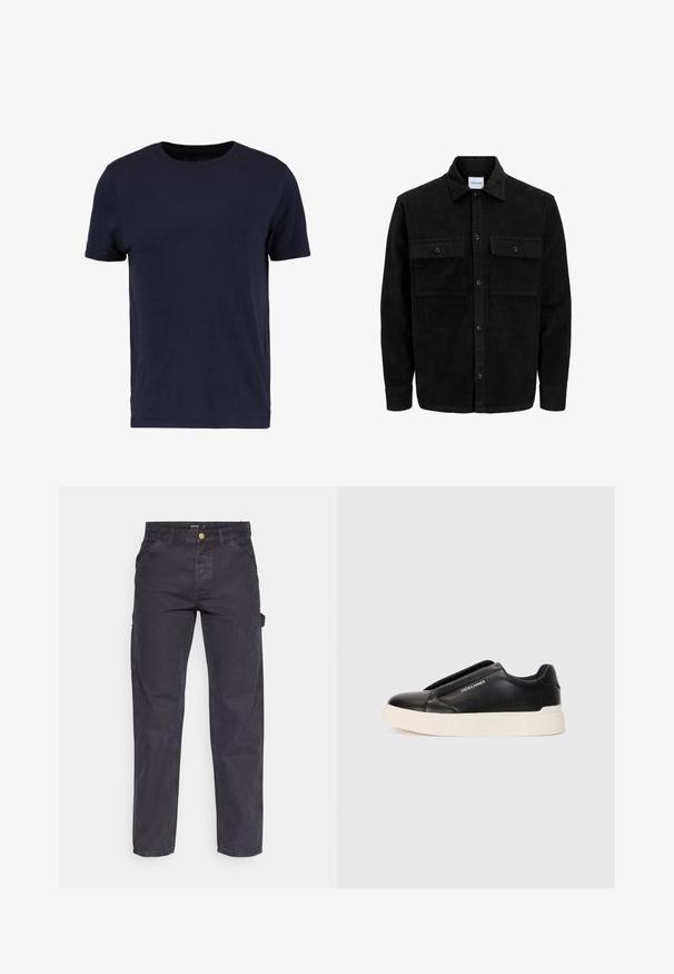 Čierna kordúrová bunda s gombíkmi, dvoma prednými vreckami so záklopkou a klasickým golierom, dlhými rukávmi a ryhovanou textúrou.; Pier One Základné tričko - dark blue; Tmavošedé cargo nohavice vyrobené z odolného materiálu, s rovnými nohavicami, piatimi vreckami a gombíkovým zapínaním v páse.; Čierne tenisky na gumenú podrážku so štruktúrovaným koženým vrchom, biela gumová podrážka a žiadne viditeľné šnúrky. Na boku sa nachádza logo značky.
