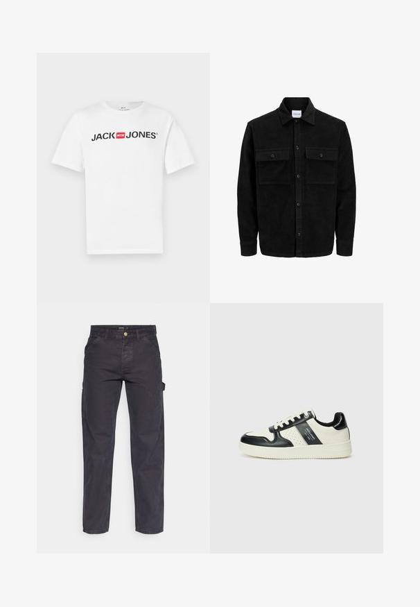 Čierna kordúrová bunda s gombíkmi, dvoma prednými vreckami so záklopkou a klasickým golierom, dlhými rukávmi a ryhovanou textúrou.; Biele bavlnené tričko s veľkým čiernym logom "JACK & JONES" s červeným rámikom. Krátke rukávy a klasický okrúhly výstrih.; Tmavošedé cargo nohavice vyrobené z odolného materiálu, s rovnými nohavicami, piatimi vreckami a gombíkovým zapínaním v páse.; Kožené tenisky v čierno-krémovej farbe, s perforovanými akcentmi, polstrovaným golierom a štruktúrovanou podrážkou.