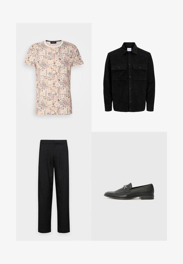 Zwarte corduroy knopenjack met twee voorste klepzakken en een klassieke kraag, lange mouwen en ribbelstructuur.; Korte mouw t-shirt van beige stof met geometrische patronen in oranje, marineblauw en bruin. Ronde hals met contrasterende afwerking.; Zwarte broeken van gladde stof, met een recht model, twee voorknikken en een standaard tailleband met riemlussen.; Zwarte leren instapper met een gladde afwerking, voorzien van een gestikt ontwerp en een decoratieve metalen kettingaccent over de wreef. Platte hak.