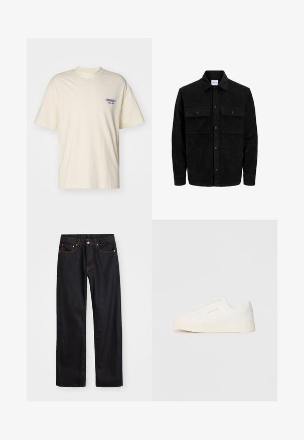 Schwarze Corduroy-Button-Up-Jacke mit zwei frontalem Klappentaschen und klassischem Kragen, langen Ärmeln und gerippter Textur.; Kurzarm T-Shirt in cremefarbe aus Baumwolle. Mit einem kleinen blauen "ORIGINALS" Logo auf der linken Brust. Klassische Passform und Rundhalsausschnitt.; Herren gerade geschnittene schwarze Jeans aus Denim mit fünf Taschen und orangefarbenen Nähten, Knopf- und Reißverschluss vorne am Bund.; Weiße Slip-On-Sneaker mit einer strukturierten Oberfläche, dicker Sohle und minimalistischem Design. Mit Logo der Marke an der Seite.