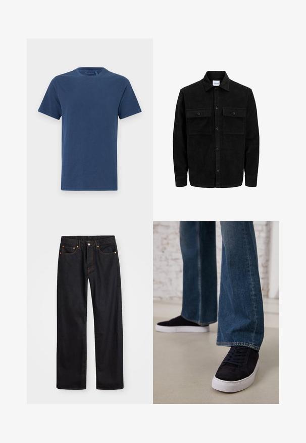 Zwarte corduroy knopenjack met twee voorste klepzakken en een klassieke kraag, lange mouwen en ribbelstructuur.; Marineblauwe katoenen t-shirt met een ronde hals, korte mouwen en een rechte snit. Effen textuur, geen zichtbare patronen of versieringen.; Heren straight-leg zwarte denim jeans met vijf zakken en oranje stiksels, knoop- en ritssluiting op de voorkant van de tailleband.; Donkerblauwe suède sneakers met een witte rubberen zool en veters, gecombineerd met wijde denimjeans in een middelblauwe wassing.