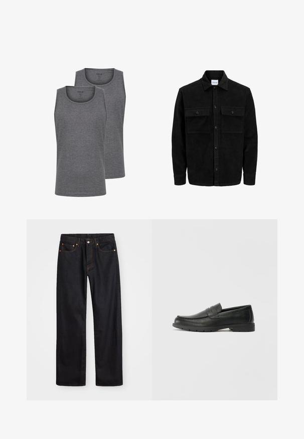 Black corduroy button-up jacket with two front flap pockets and a classic collar, long sleeves, and ribbed texture.; Two gray tank tops made of soft cotton blend. Features a round neckline and sleeveless design. Smooth texture and regular fit.; Men’s straight-leg black denim jeans with five pockets and orange stitching, button and zip closure on front waistband.; Black leather loafers with a smooth finish, moccasin-style upper, stitched detailing, and a rubber sole. Classic design with a low heel.