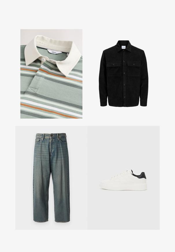 Giacca in corduroy nera con bottoni, due tasche anteriori con patta, colletto classico, maniche lunghe e texture a coste.; Maglietta polo con colletto color crema, caratterizzata da strisce verdi e grigie, accento arancione e due bottoni vicino a un design a scollo a v su un tessuto morbido.; Jeans di denim azzurro chiaro con vestibilità ampia, vita media e gambe dritte. Presenta cinque tasche, passanti per cintura e chiusura con bottone.; Sneaker in pelle bianca con motivo stampato, suola intermedia bianca testurizzata e accentuazione nera sul tallone. Presenta punta arrotondata e lacci piatti.
