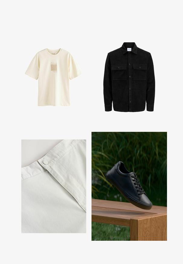 Jachetă din catifea neagră, cu butoni, două buzunare frontale cu clapetă și un guler clasic, mâneci lungi și textură ribbed.; Tricou de culoare crem, fabricat din bumbac moale, cu un imprimeu grafic minimalist inspirat de Picasso, având un design ușor texturat.; Taflă de bumbac alb cu închidere cu buton la talie, având o textură subtilă și detalii cusute de-a lungul cusăturilor.; Sneaker din piele neagră cu o textură netedă, vârf rotund și șireturi plate, așezat deasupra unei suprafețe de lemn, cu iarbă verde în fundal.