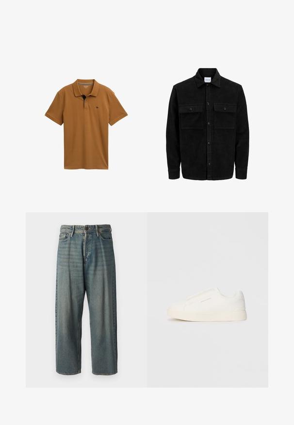 Czarna kurtka z korduru z guzikami, z dwoma przednimi kieszeniami na klapki oraz klasycznym kołnierzem, długimi rękawami i ryżowym splotem.; Brązowa koszulka polo z gładkiej bawełny, z klasycznym kołnierzykiem, zapięciem na trzy guziki oraz kontrastującymi granatowymi detalami na kołnierzyku.; Jasnoniebieskie dżinsy o luźnym kroju, średnim stanie i prostych nogawkach. Posiadają pięć kieszeni, szlufki na pasek oraz zapięcie na guzik.; Białe sneakersy wsuwane z teksturowanej powierzchni, grubą podeszwą i minimalistycznym designem. Zawierają logo marki z boku.