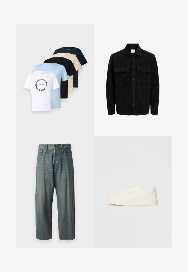 Juodas velveto mygtukų švarkas su dviem priekiniais kišenėmis su atvartais, klasikiniu apykakle, ilgomis rankovėmis ir raukšlėtu paviršiumi.; Penkių marškinėlių rinkinys baltoje, šviesiai mėlynoje, juodoje, smėlinėje ir tamsiai mėlynoje spalvose. Suapvalinto kaklo stilius, grafikos spauda ant baltų ir šviesiai mėlynų marškinėlių.; Šviesiai mėlyni džinsai su laisvu siluetu, vidutinio aukščio juosmeniu ir tiesiomis kojomis. Su penkiais kišenėmis, diržo kilpo ir mygtukų uždarymu.; Baltos slip-on sportbačiai su tekstūruota paviršiumi, storesniu padu ir minimalistišku dizainu. Šone matosi prekės ženklo logotipas.