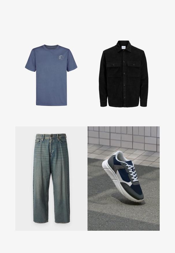 Sort fløjl button-up jakke med to frontlommer og klassisk krave, lange ærmer og ribbet tekstur.; Blå bomuld t-shirt med korte ærmer og rund halsudskæring, prydet med et cirkulært logo på øverste venstre brystområde. Glat tekstur.; Lyseblå denim jeans med løs pasform, mellemhøj talje og lige ben. Har fem lommer, bæltestropper og en knappelukning.; Sneakers med en overdel i marineblå mesh, grå suedeteksturer, hvid gummisål og flade hvide snørebånd, designet til komfort og åndbarhed.