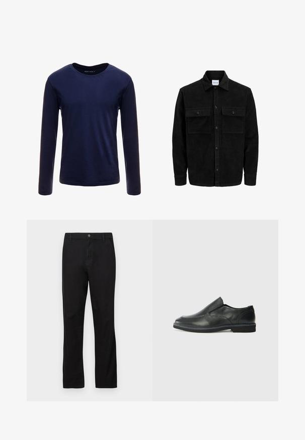 Giacca in corduroy nera con bottoni, due tasche anteriori con patta, colletto classico, maniche lunghe e texture a coste.; Maglietta a maniche lunghe blu navy in morbido cotone, con un classico collo a giro e una texture liscia senza motivi o dettagli visibili.; Pantaloni neri in cotone con design a gamba dritta, dotati di chiusura a bottone, tasche frontali e posteriori, e texture liscia.; Scarpa nera in pelle con inserto scivolare, superiore liscio, dettagli cuciti, punta arrotondata e tacco in gomma basso. La suola presenta un battistrada minimale.