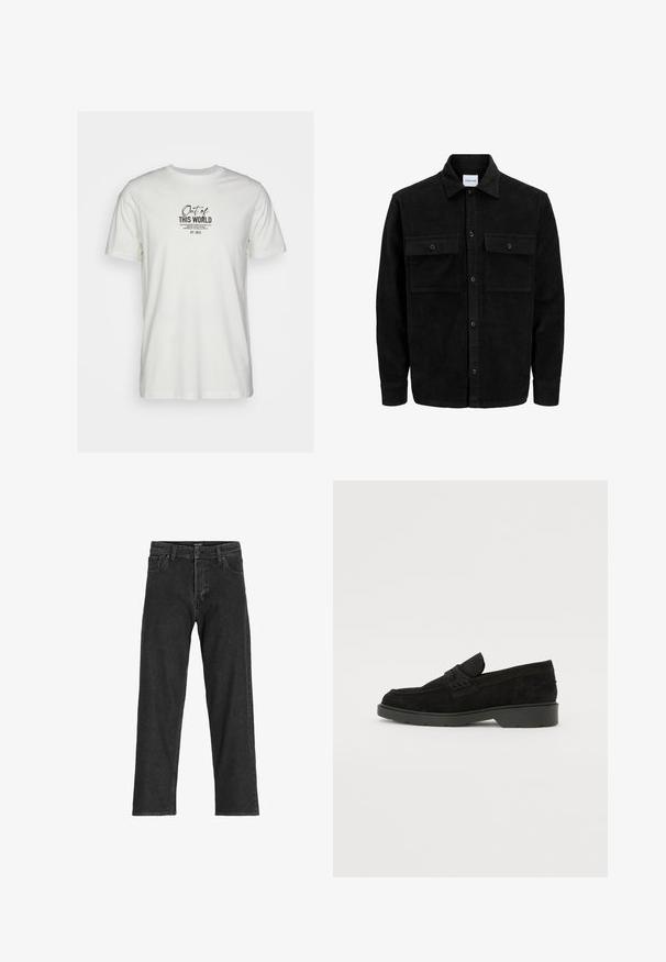 Mustmustöös nupuga jope, millel on kaks eesmist klapiga taskut ja klassikaline kaelus, pikad varrukad ning ribakujuline tekstuur.; Valge puuvillane T-särk musta graafilise printimisega, millel on tekst. Lühikesed varrukad ja ümar kaelus, lihtne disain ilma täiendavate kaunistusteta.; Mustad siidist teksad, sirge jalgadega disainiga, tõmbluku ja vöödega, kuue taskuga, valmistatud tugevast puuvilla ja sünteetilise kiu segust.; Mustad sametist loafers madala kontsaga, millel on lihtne riba ülaservas ja tekstuuritud detailid külgedel.