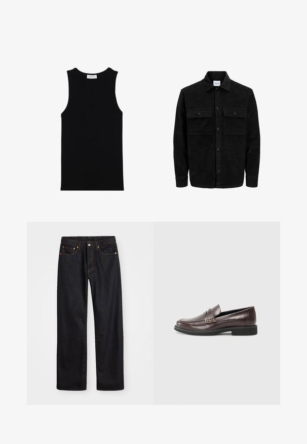 Jachetă din catifea neagră, cu butoni, două buzunare frontale cu clapetă și un guler clasic, mâneci lungi și textură ribbed.; Top negru cu dungi, fără mâneci, cu decolteu rotund și o textură netedă. Eticheta spune „PIER ONE” aproape de gât.; Jeans negri din denim pentru bărbați, cu croială dreaptă, cinci buzunare și cusături portocalii, închidere cu nasture și fermoar pe talie.; Loafers din piele maro cu un finisaj neted, având un detaliu cusut discret pe partea superioară și o talpă din cauciuc negru.