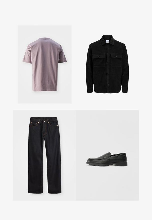 Črna kordurojska jakna z gumbi, z dvema sprednjima žepoma z zavihkom in klasičnim ovratnikom, dolgimi rokavi ter rebrasto teksturo.; Majica s kratkimi rokavi in okroglim izrezom iz mehkega lavandastega bombaža z gladko teksturo. Ravna obroba in minimalistična zasnova, brez vidnih logotipov ali vzorcev.; Moške črne kavbojke ravnega kroja z petimi žepi in oranžnim šivanjem, z gumbom in zadrgo na sprednjem pasu.; Črne usnjene loafer čevlje z gladko površino, zgornjim delom v slogu mokasin, šivanimi detajli in gumijastim podplatom. Klasična zasnova z nizko peto.