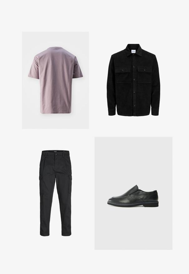 Sort fløjl button-up jakke med to frontlommer og klassisk krave, lange ærmer og ribbet tekstur.; Kortærmet t-shirt med rund hals i blød lavendel bomuld med en glat tekstur. Lige kant og minimalistisk design, ingen synlige logoer eller mønstre.; Sorte cargo-bukser lavet af slidstærkt stof, der har flere lommer, en knaplukning og et slim fit design med smalle ben.; Sorte læder slip-on sko med en glat overdel, syede detaljer, rund tå og en lav gummihæl. Sålen har minimal profil.