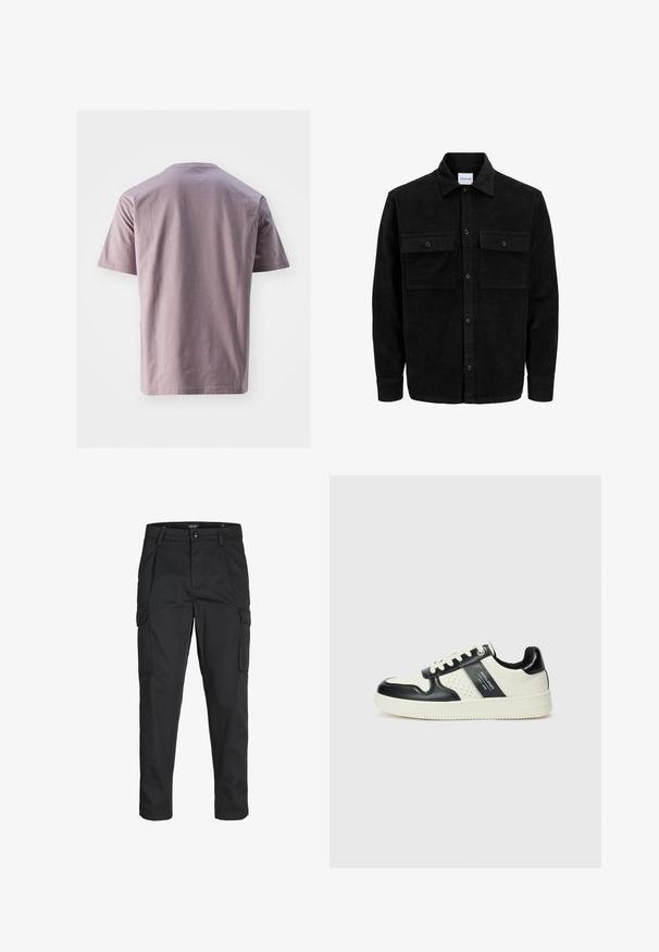 Mustmustöös nupuga jope, millel on kaks eesmist klapiga taskut ja klassikaline kaelus, pikad varrukad ning ribakujuline tekstuur.; Lühikeste varrukatega, ümberkaelusega T-särk pehmest lavendlivärvi puuvillast, millel on sile tekstuur. Sirge äär ja minimalistlik disain, ilma nähtavate logode või mustriteta.; Mustad mustapõlvik, mis on valmistatud tugeva koe kasutades, sisaldab mitmeid taskuid, nupule kinnitatav sulgemine ja kitsenev disain.; Nahatud nahkkingad musta ja kreemi värviskeemiga, millel on perforeeritud aktsendid, pehme krae ja tekstureeritud tallad.