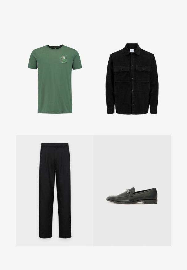 Juodas velveto mygtukų švarkas su dviem priekiniais kišenėmis su atvartais, klasikiniu apykakle, ilgomis rankovėmis ir raukšlėtu paviršiumi.; Shiwi Marškinėliai su spaudiniu - dark green; Juodi kelnių modeliai, pagaminti iš lygios medžiagos, turi tiesią kojas, du priekiniai klostės ir standartinę juosmenį su diržo kilpomis.; Juodos odinės loafer tipo bateliai su lygiu paviršiumi, turintys siuvinėtą dizainą ir dekoratyvų metalo grandinėlės akcentą ant batų viršaus. Plokščias kulnas.