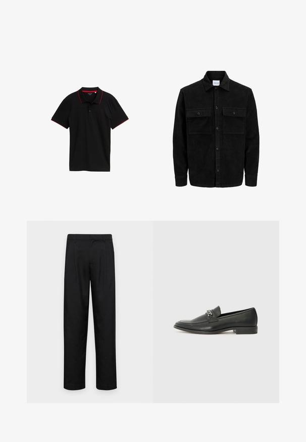 Čierna kordúrová bunda s gombíkmi, dvoma prednými vreckami so záklopkou a klasickým golierom, dlhými rukávmi a ryhovanou textúrou.; Čierna polo tričko s textúrovanou tkaninou, červeným golierom a akcentmi na rukávoch, trojicou gombíkov, krátkymi rukávmi a bez viditeľných vzorov.; Čierne nohavice vyrobené z hladkej tkaniny, s rovnými nohavicami, dvoma prednými skladmi a štandardným pásom s pútkami na opasok.; Čierne kožené loafers s hladkým povrchom, s prešitým dizajnom a dekoratívnym kovovým reťazovým akcentom cez priehlavok. Plochý podpätok.