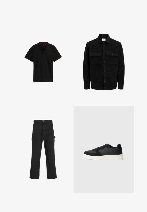 Černá kordurová košile s knoflíky, dvěma předními klopovými kapsami a klasickým límcem, dlouhými rukávy a vroubkovanou texturou.; Černé polo tričko s texturovanou tkaninou, červenými akcenty na límci a rukávech, zapínáním na tři knoflíky, krátkými rukávy a bez viditelných vzorů.; Černé cargo kalhoty z bavlněné směsi. Mají široké nohavice, přední šikmé kapsy a boční kapsu s poutkem na doplňky.; Černé nízké tenisky s texturovanou kůží a suédovými panely, bílé gumové podrážky a černé tkaničky na jednoduchém světlém pozadí.