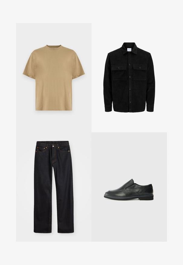 Černá kordurová košile s knoflíky, dvěma předními klopovými kapsami a klasickým límcem, dlouhými rukávy a vroubkovanou texturou.; Khaki tričko s krátkým rukávem vyrobené z měkké tkaniny, s kulatým výstřihem a volným střihem. Nejsou na něm viditelné žádné vzory ani grafika.; Pánské černé džíny rovného střihu s pěti kapsami a oranžovým prošíváním, s knoflíkem a zipem na předním pásku.; Černá kožená nazouvací bota s hladkým svrškem, prošívanými detaily, zaoblenou špičkou a nízkým gumovým podpatkem. Podešev má minimální vzorek.