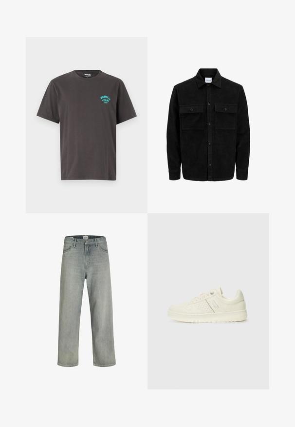 Čierna kordúrová bunda s gombíkmi, dvoma prednými vreckami so záklopkou a klasickým golierom, dlhými rukávmi a ryhovanou textúrou.; Tmavo šedé bavlnené tričko s krátkymi rukávmi, okrúhlym výstrihom a tyrkysovým logom "Wrangler Jeans 1947" potlačeným na ľavej strane.; Svetlošedé džíny vo voľnom strihu vyrobené z denimu. Obsahujú klasický dizajn s piatimi vreckami, pútka na opasok a strih rovného nohavice.; Krémová teniska s perforovanými detailmi, šnúrkami a logom na boku, vystavená na jednoduchej bielej pozadí.