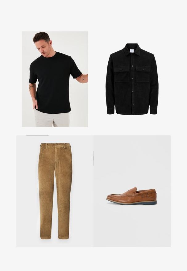 Mustat corduroy-nappi takki, jossa on kaksi etupistotaskua ja klassinen kaulus, pitkät hihat ja ribattu pinta.; Mustapaitainen lyhythihainen T-paita, joka on valmistettu teksturoidusta kankaasta ja jossa on pyöreä kaula-aukko. Paita on rentoa mitoitusta ja minimalistista muotoilua.; Ruskeat korduroykangas-housut, joissa on pystysuora ribbikuvio, suora leikkaus, napitus ja vyölenkit. Tasainen kangas pehmeällä pinnalla.; Ruske nahkakengät, joissa on pyöreä kärki, ommeltuja yksityiskohtia ja matala kumipohja. Suunnittelussa on yläosaa kiertävä nauha.