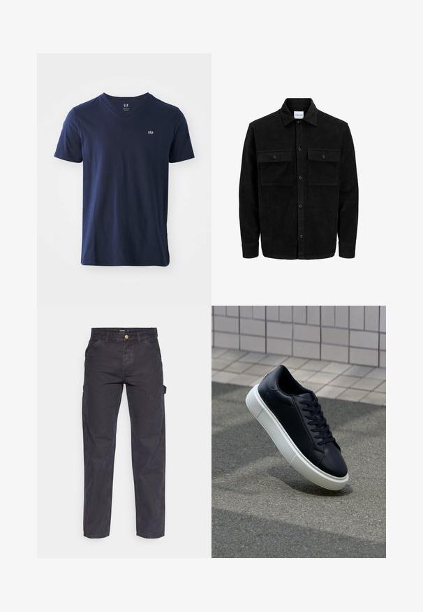 Černá kordurová košile s knoflíky, dvěma předními klopovými kapsami a klasickým límcem, dlouhými rukávy a vroubkovanou texturou.; Námořnická modrá bavlněná tričko s výstřihem do V, krátkými rukávy a malým vyšitým logem na hrudi. Měkká textura a ležérní design.; Tmavě šedé cargo kalhoty vyrobené z odolné látky, s rovnými nohavicemi, pěti kapsami a knoflíkovým zapínáním v pase.; Černé kožené tenisky s kulatou špičkou a bílou gumovou podrážkou. mají ploché tkaničky a minimální šití na svršku. Texturovaná podrážka pro lepší přilnavost.