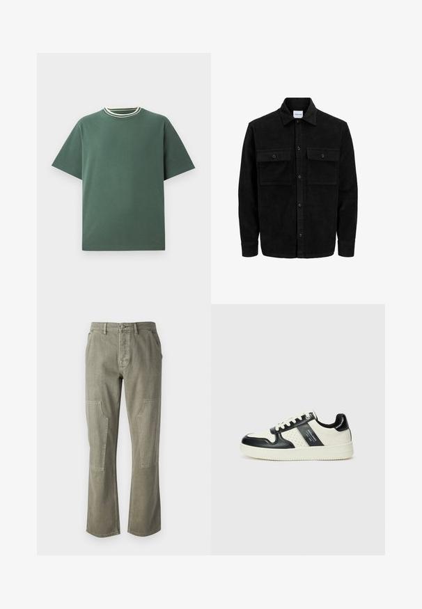 Czarna kurtka z korduru z guzikami, z dwoma przednimi kieszeniami na klapki oraz klasycznym kołnierzem, długimi rękawami i ryżowym splotem.; Zielona bawełniana koszulka z krótkim rękawem i żeberkowym dekoltem w okrągłym kształcie, ozdobiona białymi i ciemnozielonymi paskami. Prosty dół, minimalistyczny design.; Oliwkowe spodnie z bawełny o prostym kroju, z prążkowanymi akcentami na naszywanych kieszeniach i kontrastowym przeszyciem.; Skórzane sneakersy w czarno-kremowym schemacie kolorystycznym, z perforowanymi akcentami, wyściełanym kołnierzem i teksturowaną podeszwą.