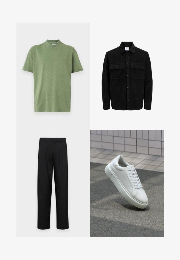 Črna kordurojska jakna z gumbi, z dvema sprednjima žepoma z zavihkom in klasičnim ovratnikom, dolgimi rokavi ter rebrasto teksturo.; Olivno zelena bombažna majica s visokim ovratnikom, kratkimi rokavi in sproščenim krojem. Ima gladko, nekoliko teksturirano tkanino.; Črne hlače iz gladkega materiala, s krojem ravne noge, dvema sprednjima pregiboma in standardnim pasom z zankami za pas.; Bela usnjena teniska obutev z gladko površino, okroglo konico in ravnimi belimi vezalkami. Ima teksturiran gumijast podplat in minimalne oblikovalske elemente.