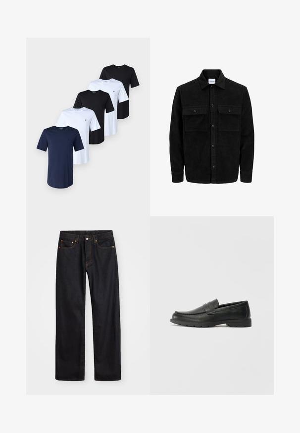 Giacca in corduroy nera con bottoni, due tasche anteriori con patta, colletto classico, maniche lunghe e texture a coste.; Cinque T-shirt in cotone navy, nero e bianco. Ognuna ha un colletto rotondo e maniche corte. Un piccolo logo appare sul lato sinistro del petto di ciascuna.; Jeans neri in denim dritto da uomo con cinque tasche e cuciture arancioni, chiusura con bottone e zip sulla vita anteriore.; Mocassini neri in pelle con una finitura liscia, parte superiore in stile mocassino, dettagli cuciti e suola in gomma. Design classico con tacco basso.