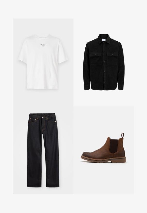 Mustat corduroy-nappi takki, jossa on kaksi etupistotaskua ja klassinen kaulus, pitkät hihat ja ribattu pinta.; Valkoinen puuvillainen t-paita, jossa on pyöreä kaula-aukko, lyhyet hihat ja painettu logo, jossa lukee "ESS.WRD." rinnassa, minimalistinen muotoilu.; Miestne čierne rovné džínsy so štyrmi vreckami a oranžovým šitím, zapínanie na gombík a zips na prednom pásku.; Pier One Klassiset nilkkurit - tan