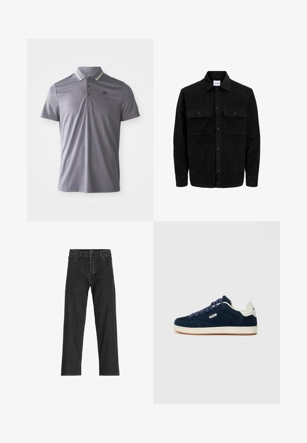 Mustmustöös nupuga jope, millel on kaks eesmist klapiga taskut ja klassikaline kaelus, pikad varrukad ning ribakujuline tekstuur.; Lühikeste varrukatega hall polo-särk, millel on õrnad vertikaalsed triibud, kolme nupuga kaelus ja logo plaaster vasakul rinnal, krae kergelt triibuliste aktsentidega.; Mustad siidist teksad, sirge jalgadega disainiga, tõmbluku ja vöödega, kuue taskuga, valmistatud tugevast puuvilla ja sünteetilise kiu segust.; Tumedat sinise suede'ist sneakers'id, millel on valge naha keel ja aksent, kontrasteerivate tumesiniste paeltega ning kummist tallaga.