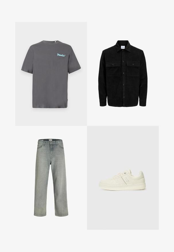 Jachetă din catifea neagră, cu butoni, două buzunare frontale cu clapetă și un guler clasic, mâneci lungi și textură ribbed.; Tricou gri cu mânecă scurtă, fabricat din bumbac. Prezintă un logo ușor albastru "Paradise" imprimat pe pieptul stâng. Guler clasic de tip crew.; Jeans decolorate, cu croială confortabilă, realizate din denim. Prezentă un design clasic cu cinci buzunare, bucle pentru curea și o siluetă dreaptă.; Adidași crem cu detalii perforate, șireturi și logo pe lateral, expuși pe un fundal alb simplu.