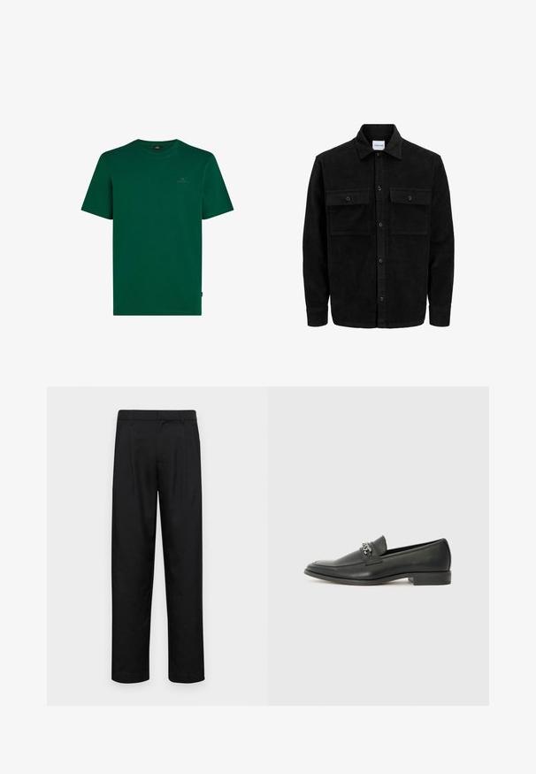 Mustat corduroy-nappi takki, jossa on kaksi etupistotaskua ja klassinen kaulus, pitkät hihat ja ribattu pinta.; Vihreä puuvillapaita lyhyillä hihoilla. Ominaisuuksiin kuuluu pyöreä kaula-aukko ja pieni logo rintakehässä. Sileä rakenne, rento muotoilu.; Mustat housut, jotka on valmistettu sileästä kankaasta, suoran lahkeen muotoilulla, kahdella etupleekillä ja tavanomaisella vyötäröllä, jossa on vyölenkit.; Musta nahkakengät, joissa on sileä pinta, koristeelliset ompeleet ja metalliketjun yksityiskohta kengän päällä. Littee korko.