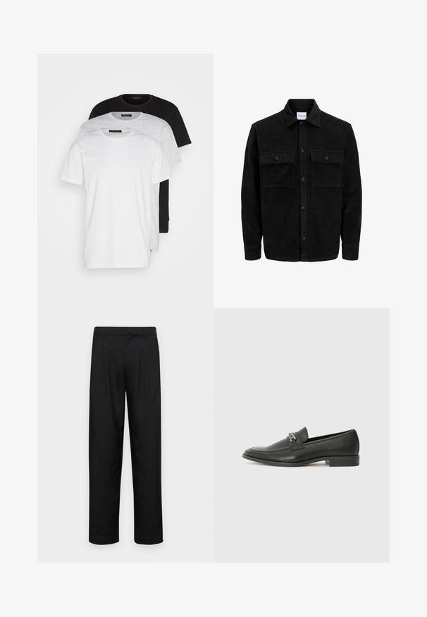Zwarte corduroy knopenjack met twee voorste klepzakken en een klassieke kraag, lange mouwen en ribbelstructuur.; Drie ronde hals t-shirts in wit, lichtgrijs en zwart. Gemaakt van zachte katoen, met korte mouwen en een relaxte pasvorm.; Zwarte broeken van gladde stof, met een recht model, twee voorknikken en een standaard tailleband met riemlussen.; Zwarte leren instapper met een gladde afwerking, voorzien van een gestikt ontwerp en een decoratieve metalen kettingaccent over de wreef. Platte hak.