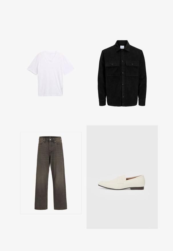Jachetă din catifea neagră, cu butoni, două buzunare frontale cu clapetă și un guler clasic, mâneci lungi și textură ribbed.; Cămașă albă cu guler în V, confecționată din bumbac ușor. Mîneci scurte și croi lejer. Textură netedă, fără modele sau accente grafice.; Blugi cu picioare largi din denim gri închis, cu talie înaltă, design clasic cu cinci buzunare și cusături contrastante pe cusături.; Loafers bej cu un vârf ascuțit, dintr-un material neted, cu o bandă peste vamp și o talpă joasă maro. Design simplu cu accente minime.