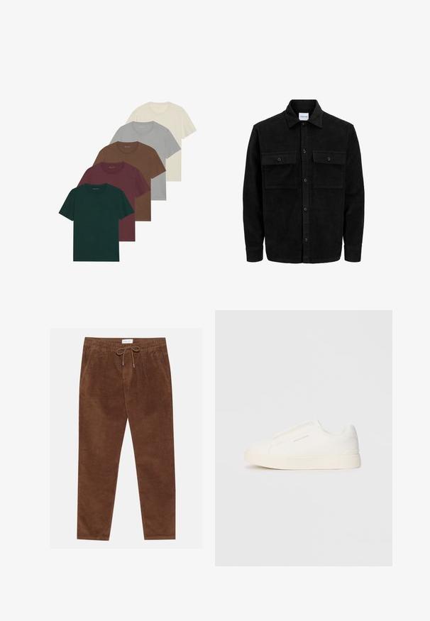 Black corduroy button-up jacket with two front flap pockets and a classic collar, long sleeves, and ribbed texture.; Five crew neck t-shirts in various colors: dark green, burgundy, brown, light gray, and cream; all feature short sleeves and a smooth texture.; Pier One Trousers - brown; White slip-on sneakers with a textured surface, a thick sole, and minimalistic design. Features brand logo on the side.