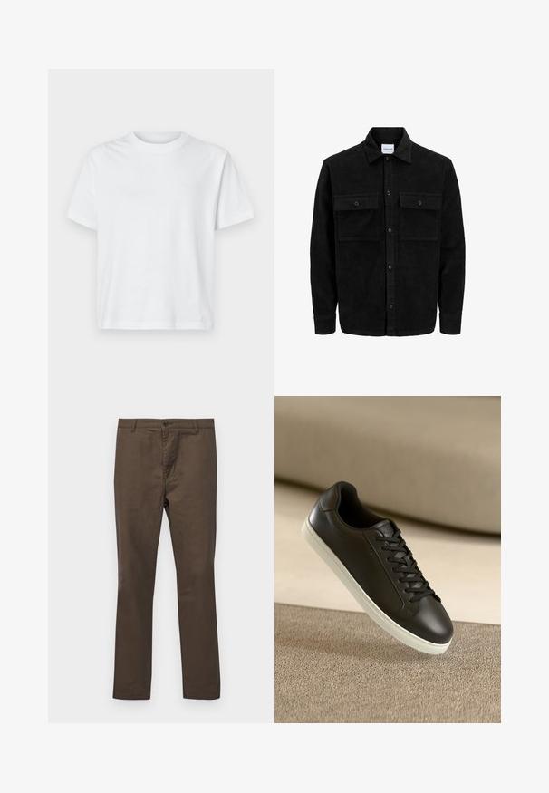 Črna kordurojska jakna z gumbi, z dvema sprednjima žepoma z zavihkom in klasičnim ovratnikom, dolgimi rokavi ter rebrasto teksturo.; Bela bombažna majica s kratkimi rokavi, okroglim izrezom in minimalističnim besedilnim detajlom spredaj. Gladka tekstura, sproščen kroj.; Rjave bombažne hlače s ravnim krojem, z gumbnim zapiranjem in zankami za pas, gladka tekstura brez vzorcev ali dodatkov.; Črne usnjene superge z belo gumijasto podplatom in črnimi vezalkami, postavljene na bež tkaninsko površino in ozadje.