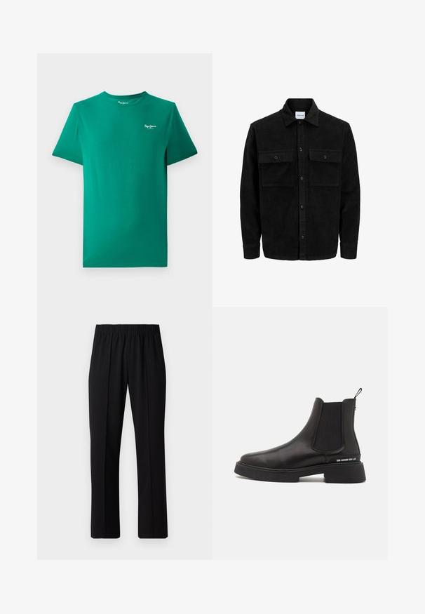 Czarna kurtka z korduru z guzikami, z dwoma przednimi kieszeniami na klapki oraz klasycznym kołnierzem, długimi rękawami i ryżowym splotem.; Zielona bawełniana koszulka z krótkimi rękawami, okrągłym dekoltem i małym białym logo po lewej stronie klatki piersiowej. Gładka faktura, casualowy design.; Czarne spodnie z elastycznym pasem o prostym kroju, z gładką strukturą i bez widocznych wzorów czy elementów metalowych.; Steve Madden ZHANE czarny