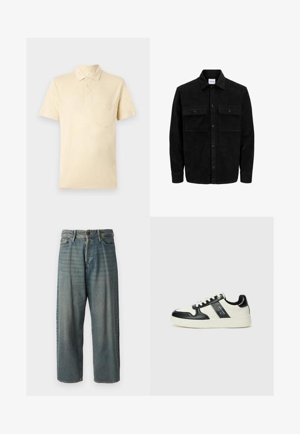 Mustmustöös nupuga jope, millel on kaks eesmist klapiga taskut ja klassikaline kaelus, pikad varrukad ning ribakujuline tekstuur.; Kahvatu kollane lühikeste varrukatega polo särk, millel on krae, neli nööpauku ja vasakul rinnal tasku. Tekstuuriga kangas, millel on tagasihoidlik sära.; Heledad sinine denim-stiilis teksad, volüümse lõike, keskmise kõrgusega talje ja sirgete säärega. Omab viit taskut, vöökumme ja nööpide sulgemist.; Nahatud nahkkingad musta ja kreemi värviskeemiga, millel on perforeeritud aktsendid, pehme krae ja tekstureeritud tallad.